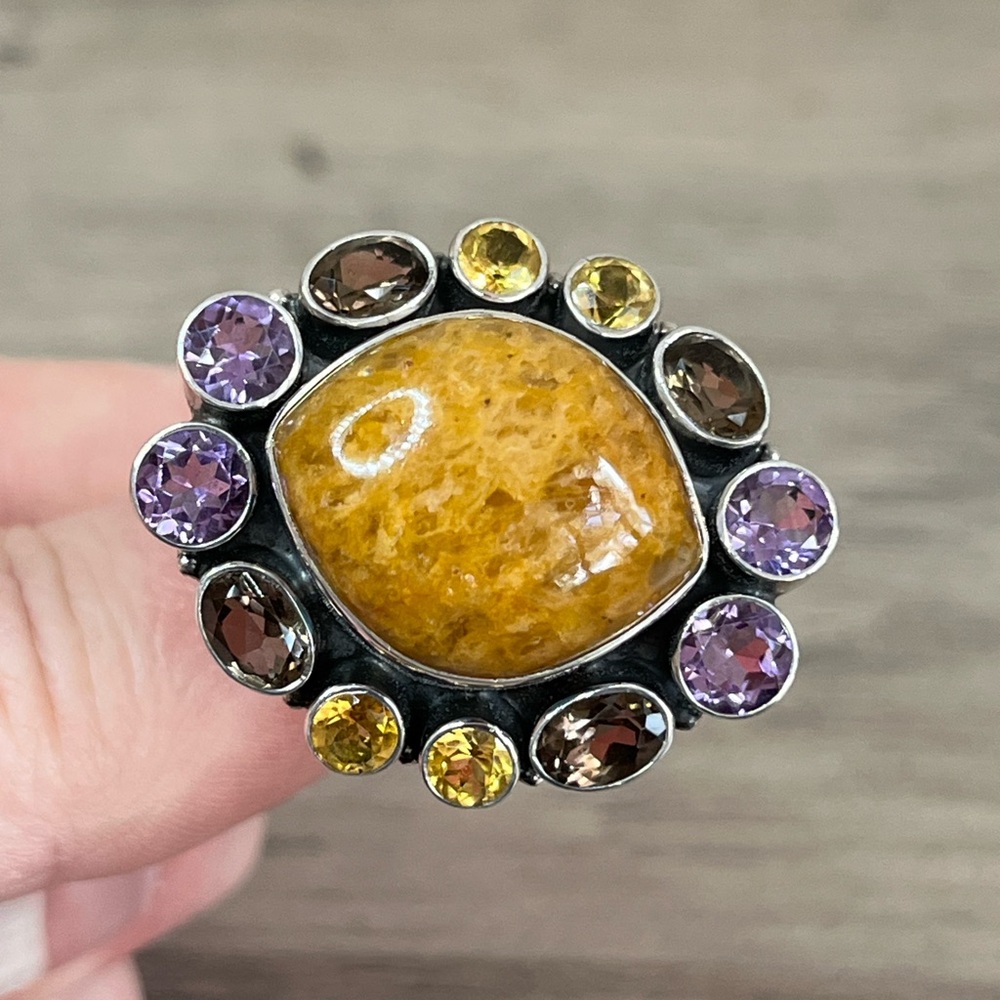 Nicky Butler Sterling Silver Goldy Quartz Multi Gem Marquise Ring